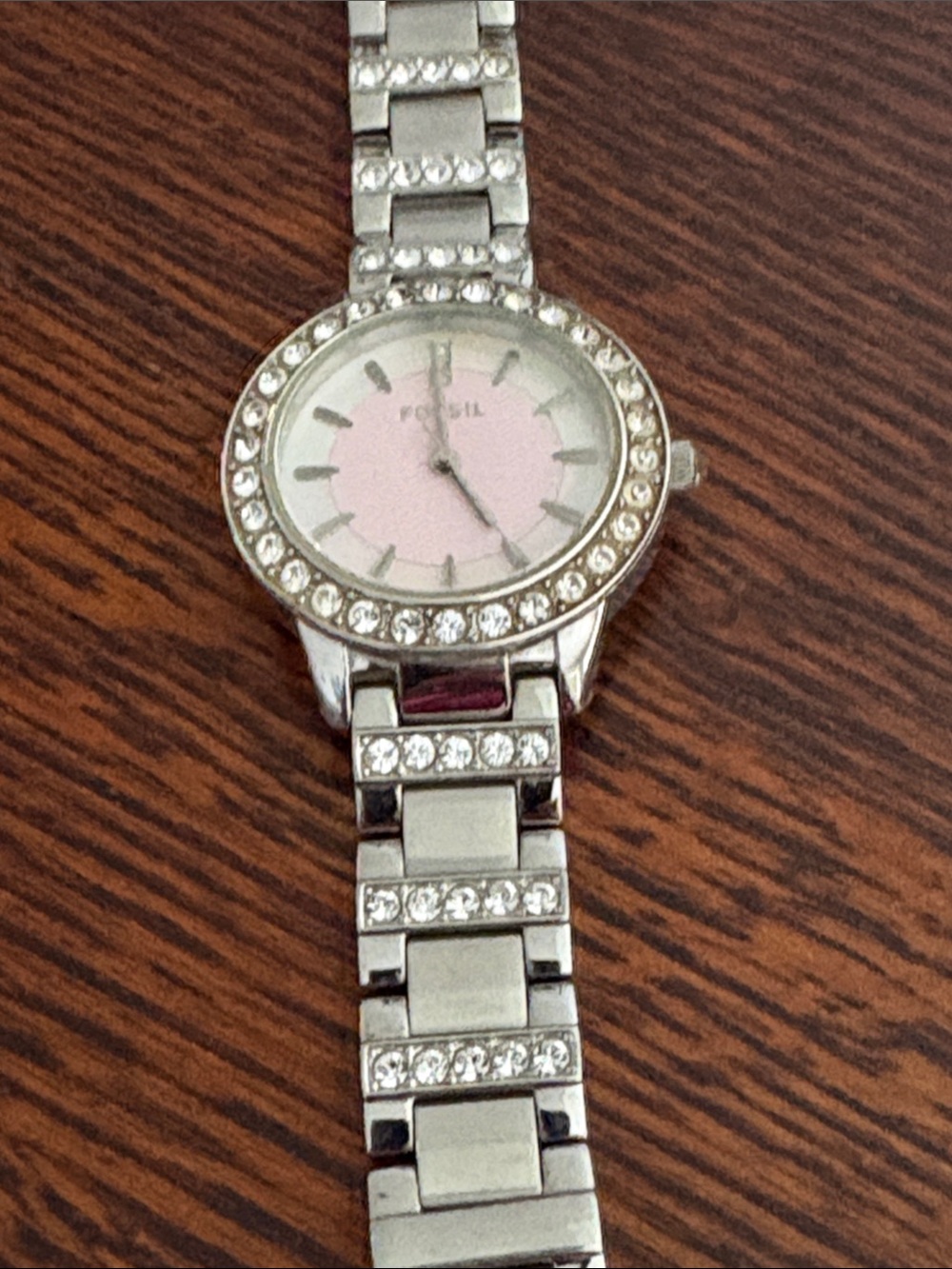 Fossil Silver-Tone Bracelet Watch with Pink Dial and Crystal Accents